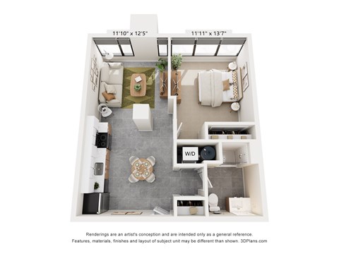 Floor plan for 1 bed, 1 bath, 684 sqft